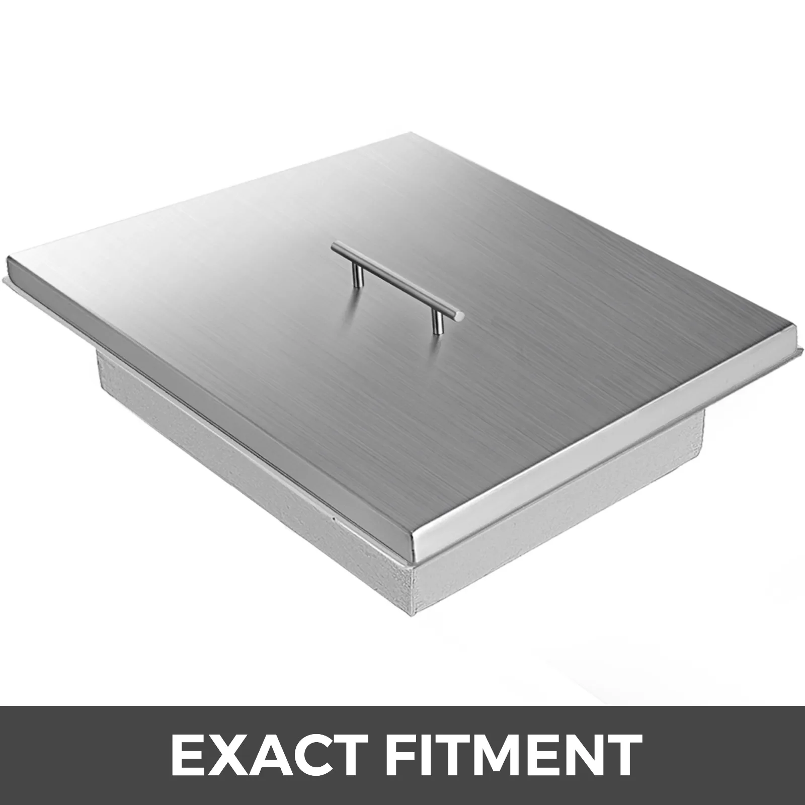 Tapa para fogón VEVOR con acabado suave de acero inoxidable y asa. Se muestra el ajuste exacto.