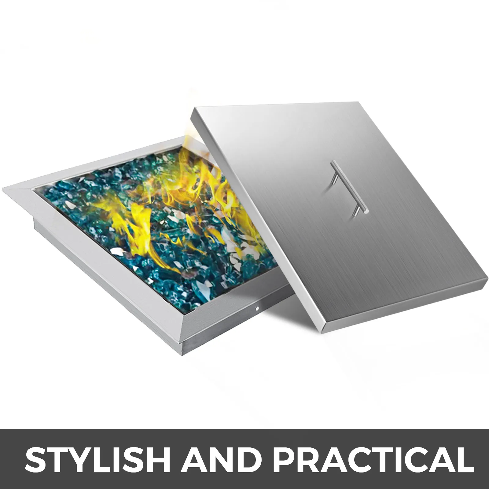 Tapa para fogata VEVOR con un diseño elegante, con vidrio de fuego azul vibrante y llamas amarillas.