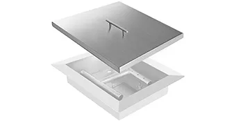stainless steel VEVOR fire pit lid resting above a square fire pit frame.