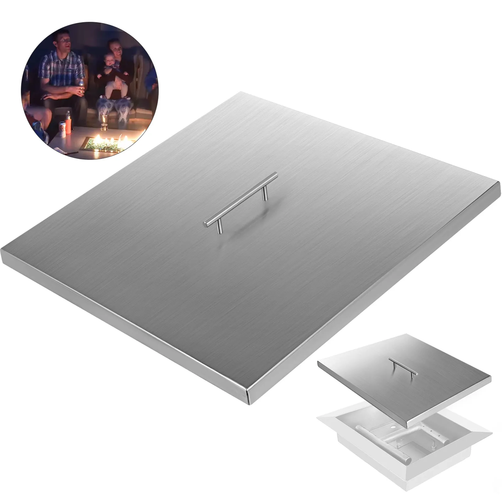 VEVOR fire pit lid in stainless steel with handle, people enjoying fire pit in background.