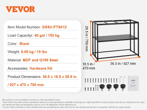 VEVOR aquariumstandaard model gssu-fts012, capaciteit 40 gallon, zwart mdf en q195 staal, 36,5 x 18,5 x 29,5 inch.