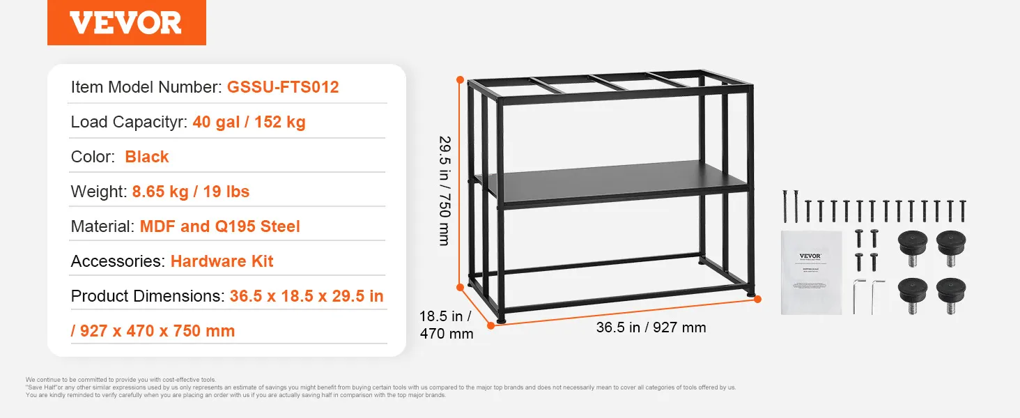 VEVOR aquariumstandaard model gssu-fts012, capaciteit 40 gallon, zwart mdf en q195 staal, 36,5 x 18,5 x 29,5 inch.