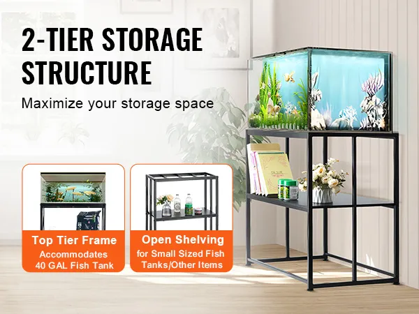 VEVOR aquariumstandaard met bovenste laag voor een aquarium van 150 liter en open planken voor boeken, planten en visbenodigdheden.
