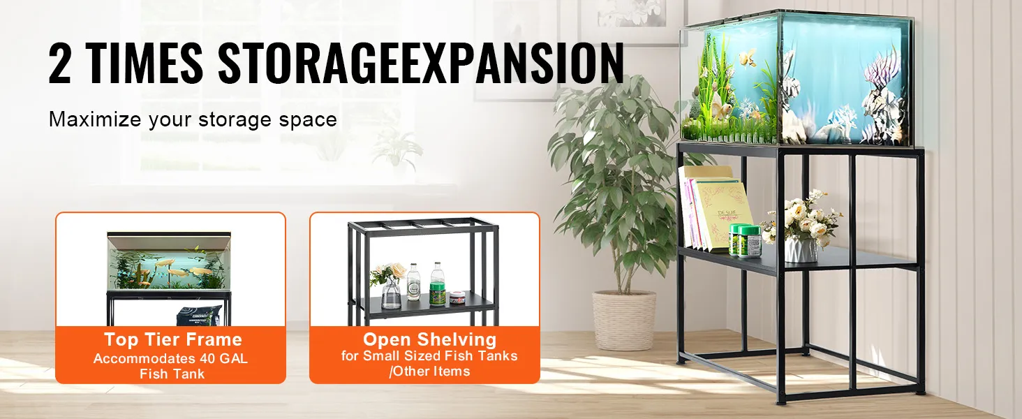 VEVOR aquariumstandaard met bovenste laag voor een aquarium van 150 liter en open planken voor boeken, planten en visbenodigdheden.