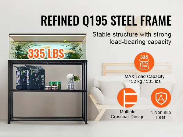 VEVOR aquariumstandaard met Q195 stalen frame, kan 152 kg dragen en heeft een moderne kameropstelling met oranje pictogrammen.