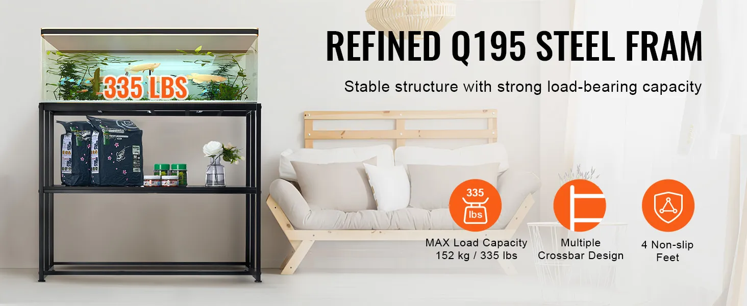 VEVOR aquariumstandaard met Q195 stalen frame, kan 152 kg dragen en heeft een moderne kameropstelling met oranje pictogrammen.