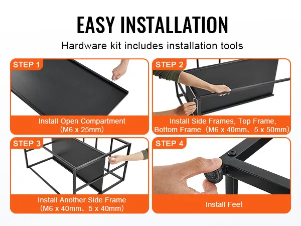 eenvoudige installatiehandleiding voor VEVOR aquariumstandaard: installeer het open compartiment, de zijframes, de boven- en onderframes en de voeten