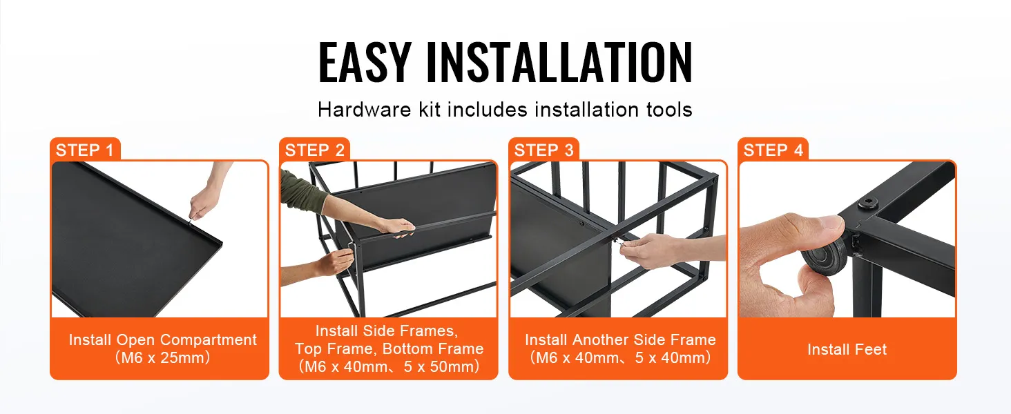 eenvoudige installatiehandleiding voor VEVOR aquariumstandaard: installeer het open compartiment, de zijframes, de boven- en onderframes en de voeten