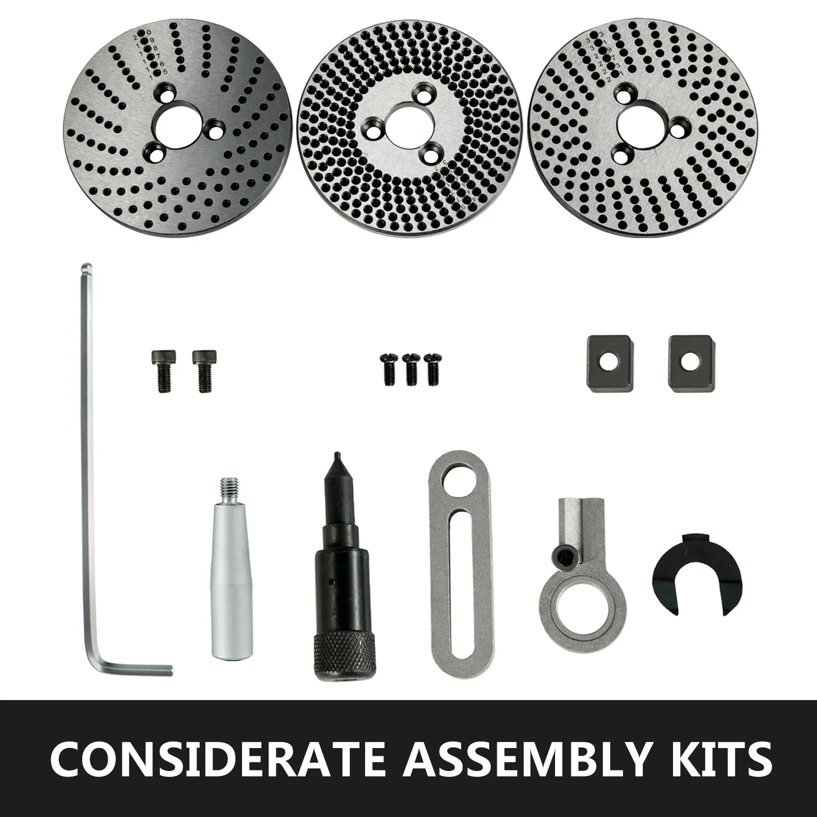 Kit de montaje de mesa giratoria VEVOR con discos, pernos y herramientas de montaje.