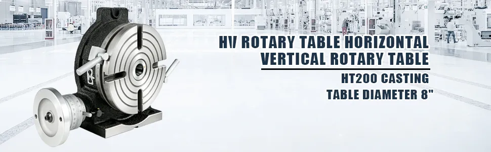 VEVOR rotary table, 8" diameter, ht200 casting in an industrial setting.