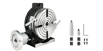 VEVOR rotary table with accessories including bolts, wrench, and centering tools.