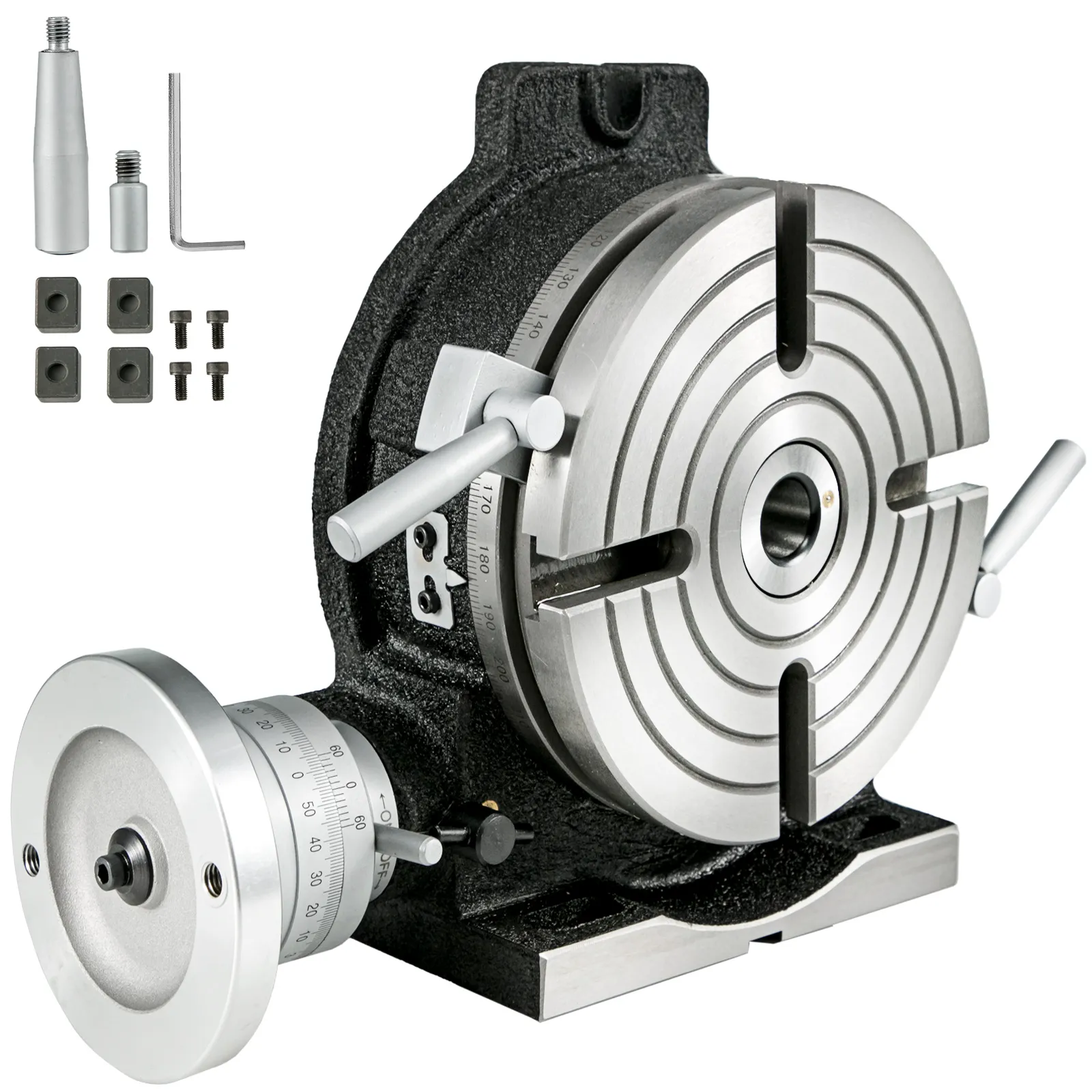 VEVOR rotary table with precision scale and included accessories.