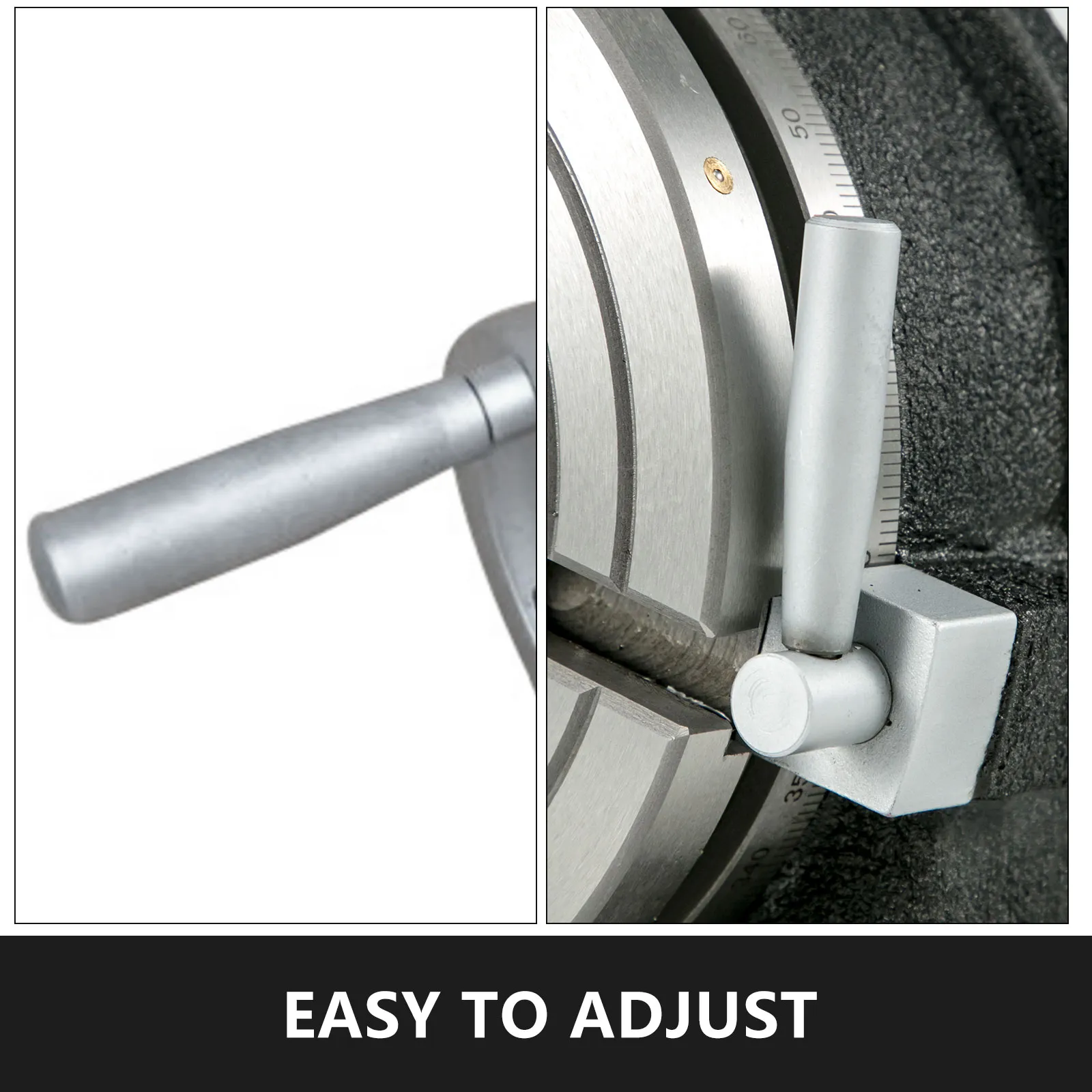 handle and adjustment dial close-up of VEVOR rotary table, showcasing easy-to-adjust feature.