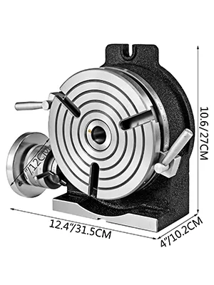 VEVOR rotary table measuring 12.4x10.6x4 with precise adjustment handles.