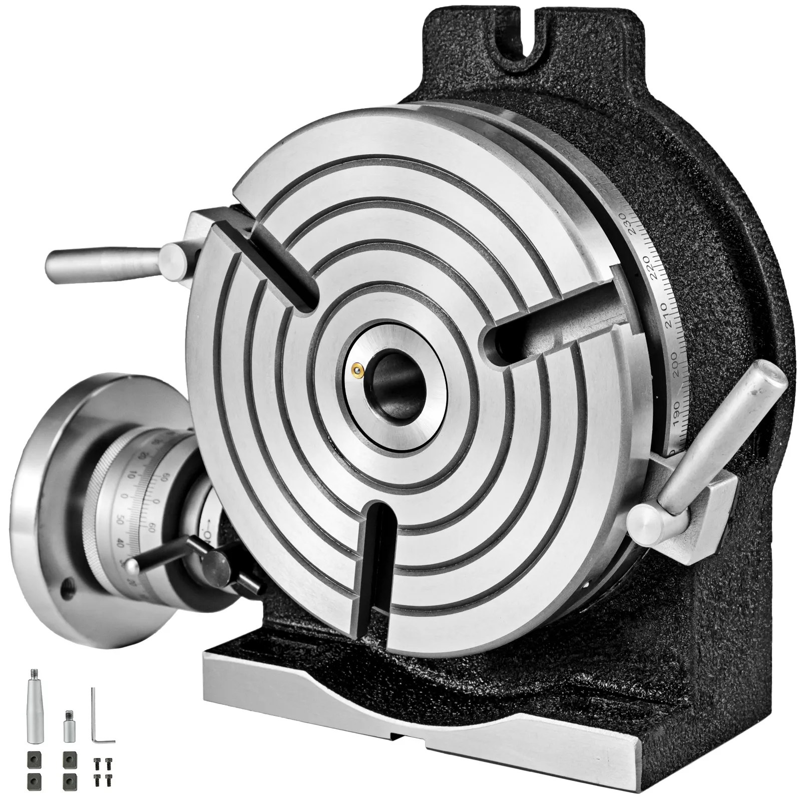 VEVOR rotary table with precise dial and sturdy build, shown with accessories on the side.