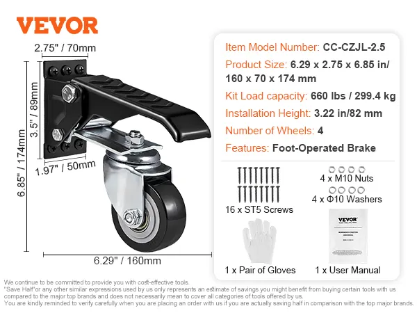 VEVOR workbench caster wheels with foot-operated brake, kit load capacity: 660 lbs, size: 6.29x2.75x6.85 in.