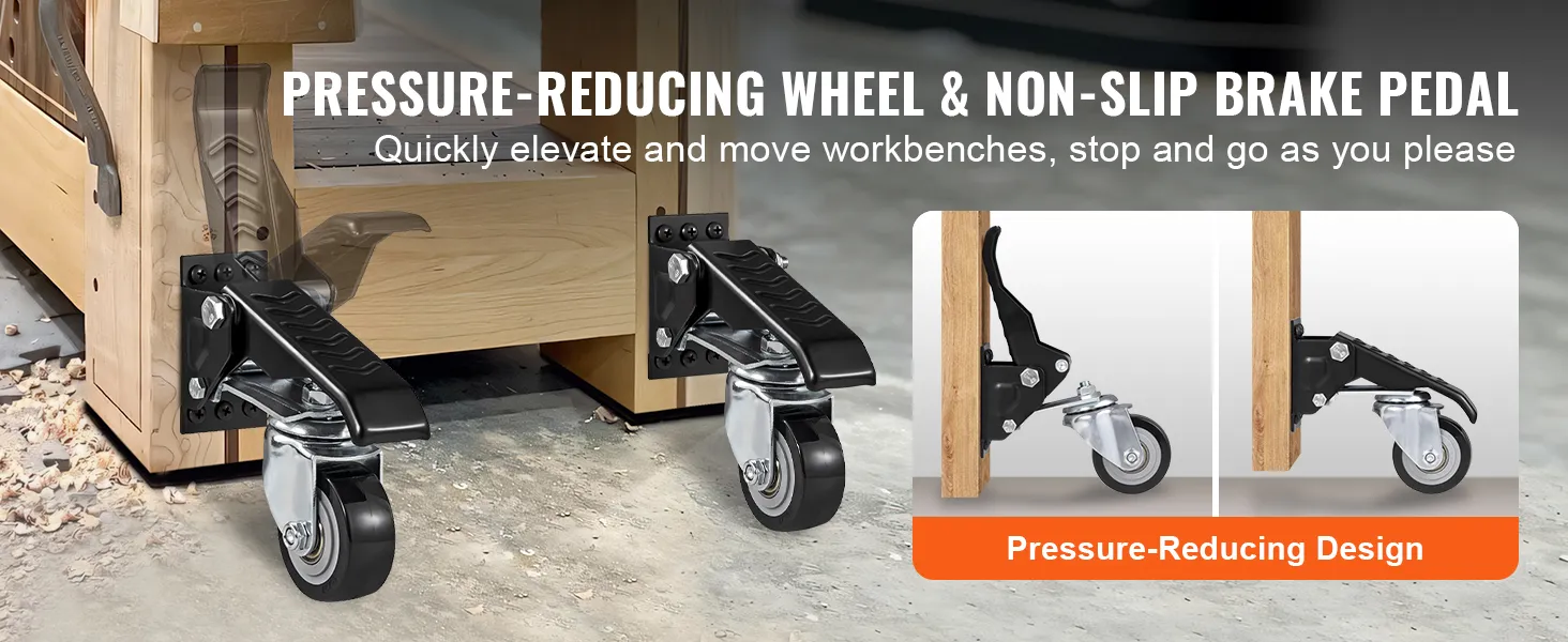 VEVOR workbench caster wheels with pressure-reducing design and non-slip brake pedal for easy mobility.