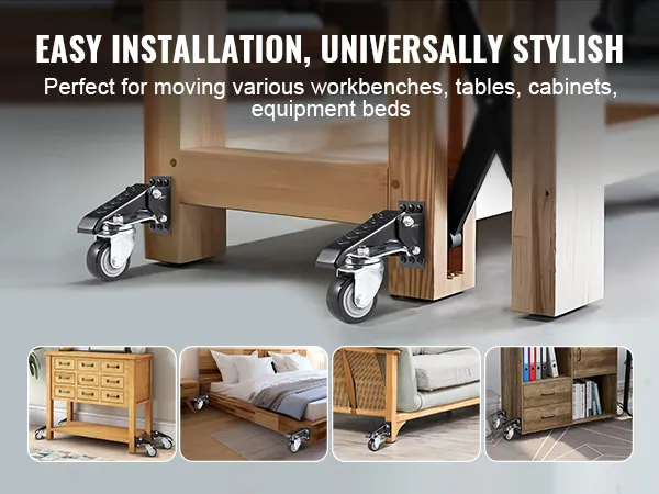 VEVOR workbench caster wheels on tables, cabinets, beds for easy mobility and stylish installation.