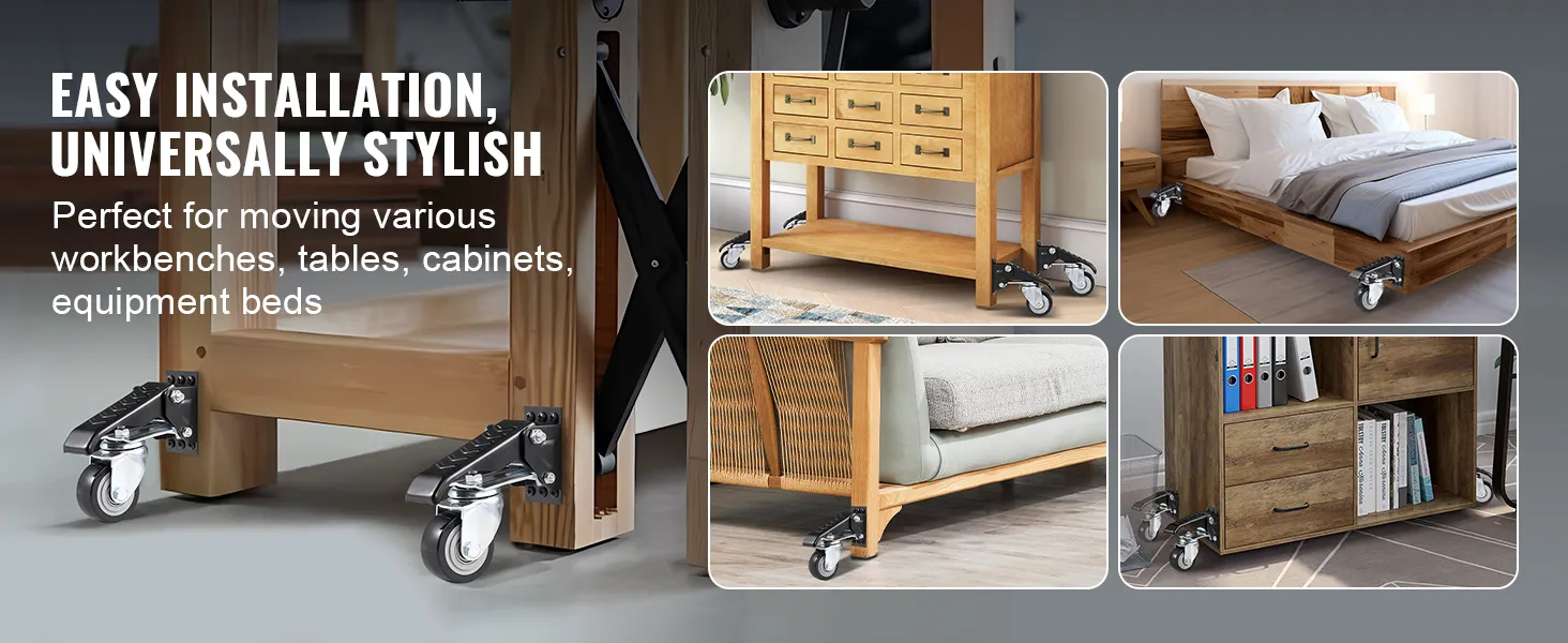 VEVOR workbench caster wheels on tables, cabinets, beds for easy mobility and stylish installation.