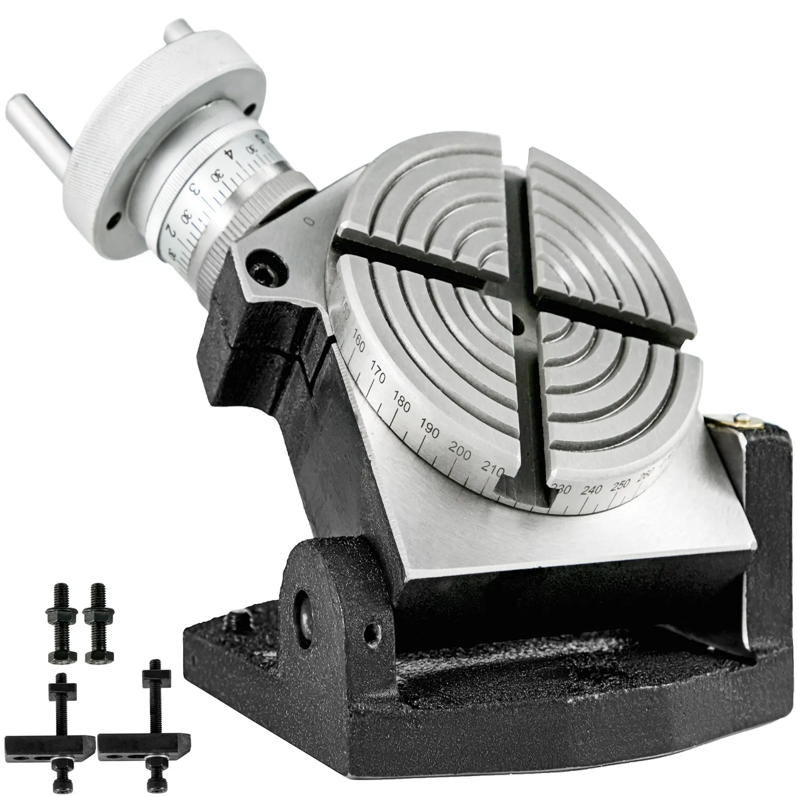 VEVOR rotary table with crank, degree scale, and t-slots, including mounting hardware.