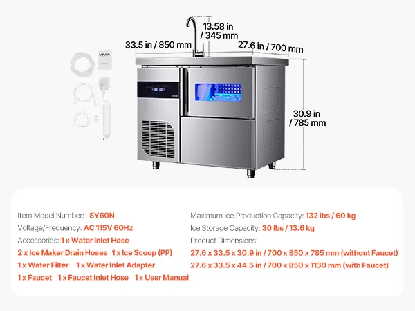 VEVOR Commercial Ice Maker Machine, 132 lbs/24H Stainless Steel Worktop Ice Machine with Sink, 30 lbs Storage & 70 Cubes/Cycle, Self-Cleaning Freestanding Ice-Making for Home Bar Restaurant Kitchen