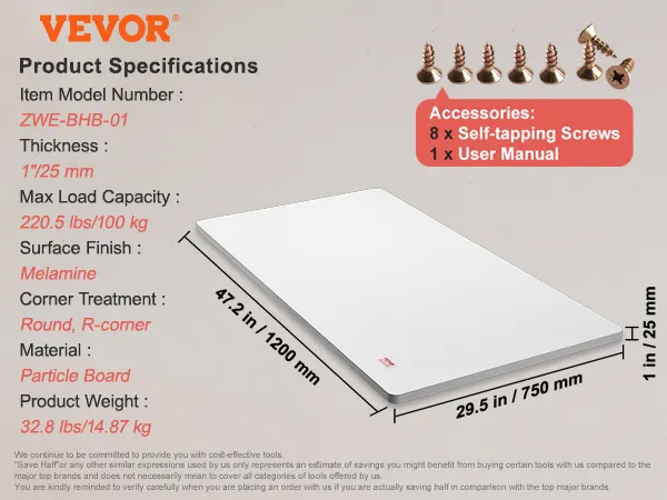 VEVOR Tischplatte, Modell zwe-bhb-01, Spanplatte, 47,2" x 29,5", weiß, mit Schrauben und Bedienungsanleitung.