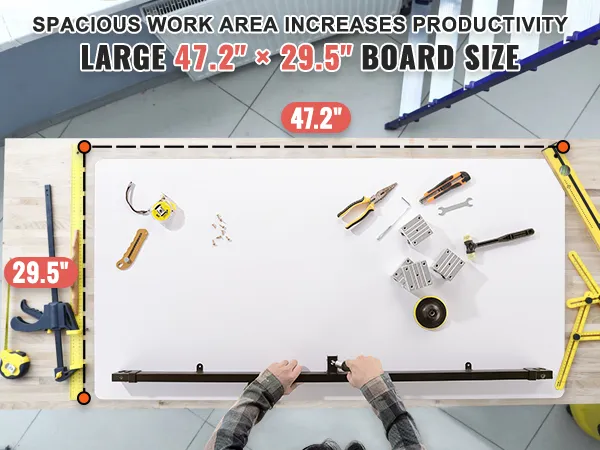 große VEVOR-Tischplatte mit Brettgröße 47,2" x 29,5", Werkzeug und Maßband.