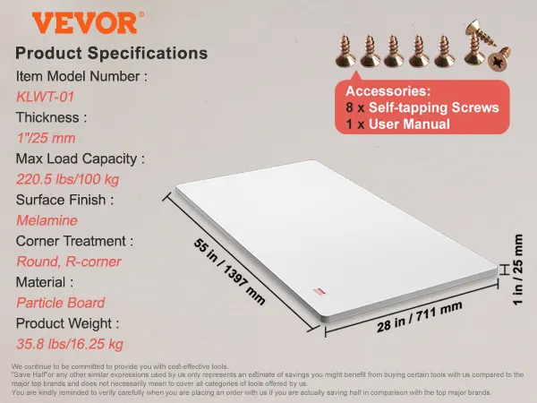 VEVOR standing desk top, 55"x28"x1", particle board, melamine finish, white, max load 220.5 lbs.