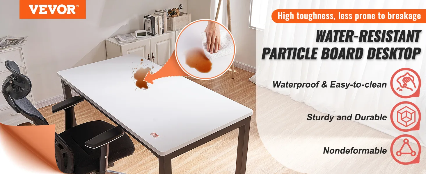 VEVOR standing desk top in a home office, showing water-resistant, easy-to-clean, sturdy and durable features.