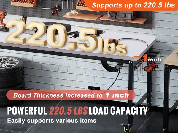 VEVOR standing desk top, 1-inch thick board, supporting up to 220.5 lbs, tools and shelves in background.