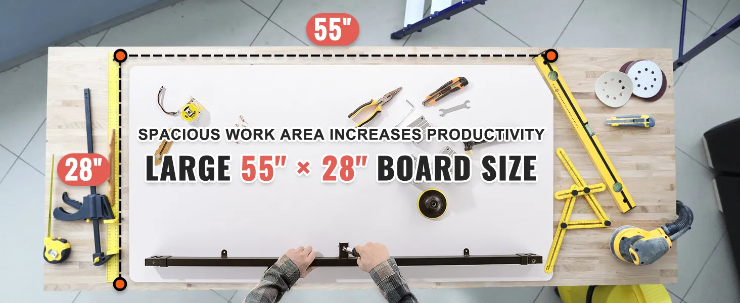 large 55" x 28" VEVOR standing desk top with tools, emphasizing spacious work area on wood surface.