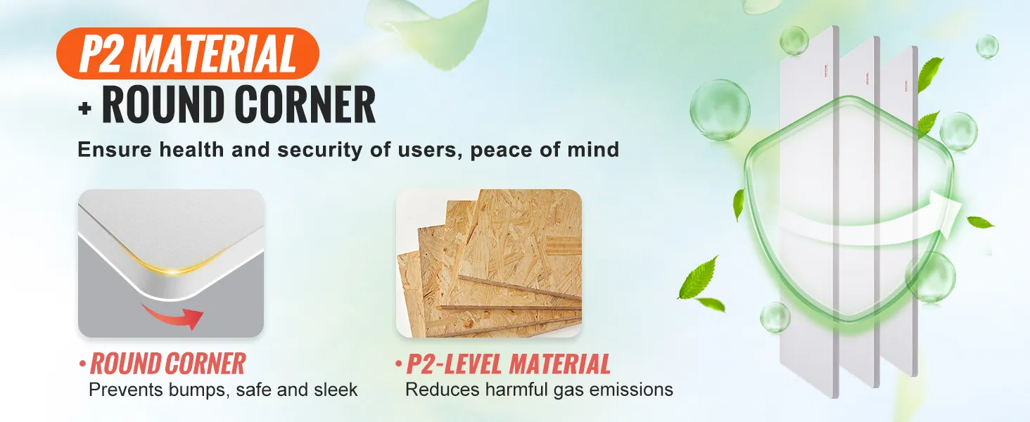 p2 material and round corner features of VEVOR standing desk top for user safety and health.