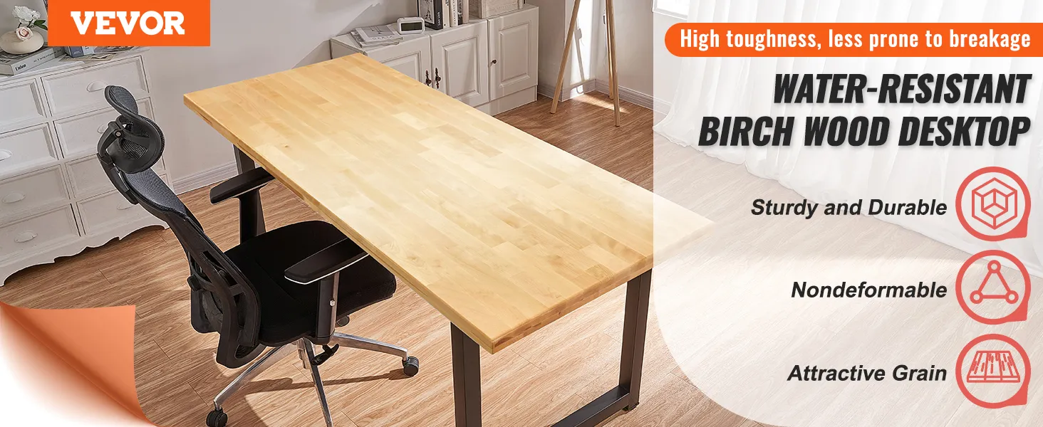 VEVOR wood table top with ergonomic chair and sturdy birch wood desktop in a home office setting.