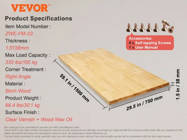 VEVOR wood table top with natural wood color, birch material, 59.1"x29.5", 1.5" thick, 150 kg max load.