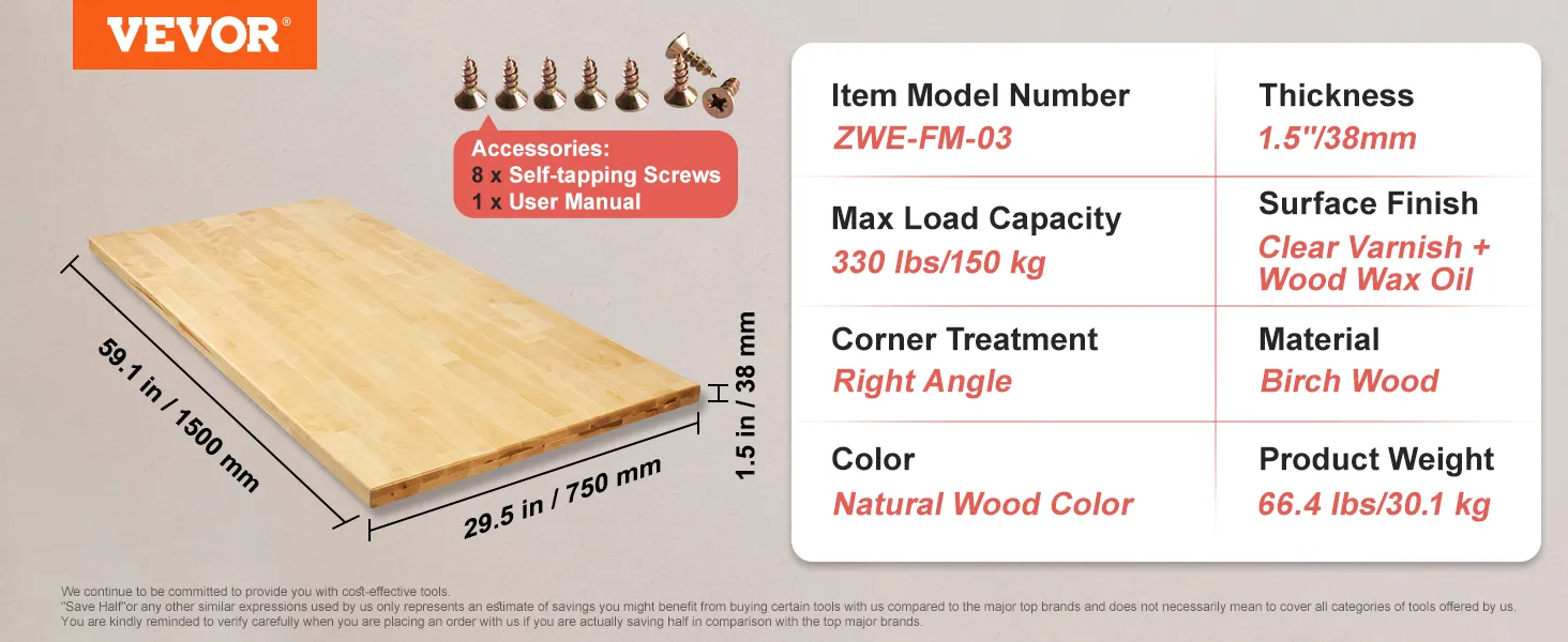 VEVOR wood table top with natural wood color, birch material, 59.1"x29.5", 1.5" thick, 150 kg max load.