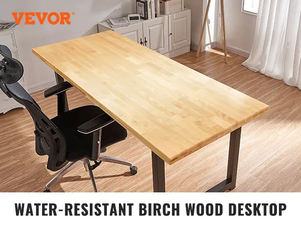 VEVOR wood table top with water-resistant birch wood, black legs, and ergonomic black chair.