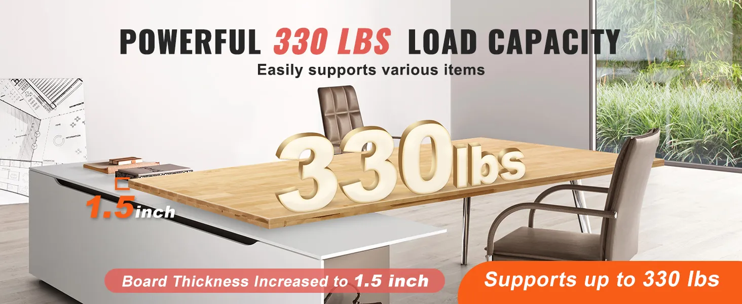 VEVOR wood table top with 1.5 inch thickness supports up to 330 lbs in a modern office setting.