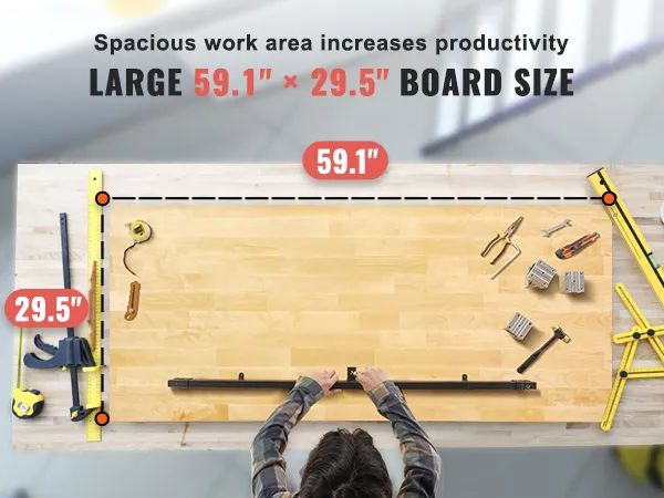 large 59.1" x 29.5" VEVOR wood table top with tools and measurement guides, enhancing productivity.