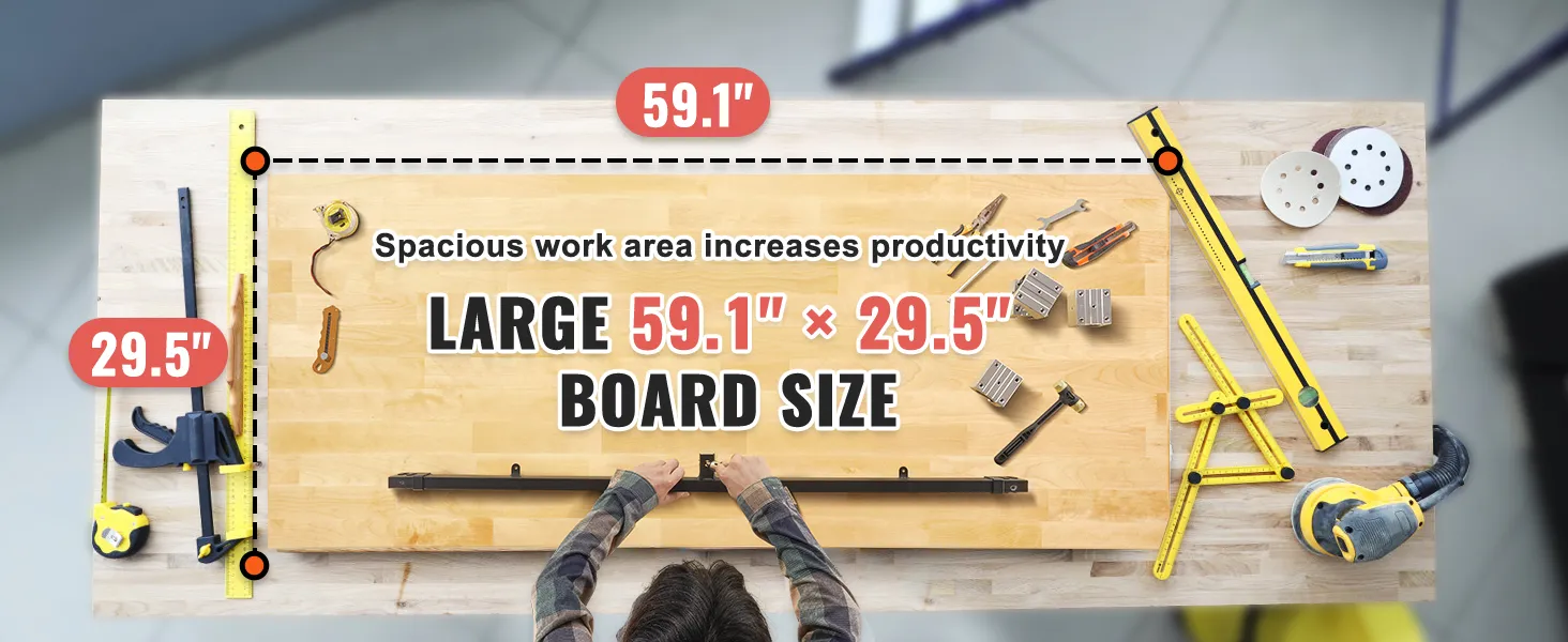 large 59.1" x 29.5" VEVOR wood table top with tools and measurement guides, enhancing productivity.