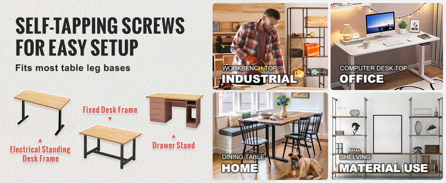 VEVOR wood table top for workbench, desk, dining table, shelving; fits most bases with easy setup screws.