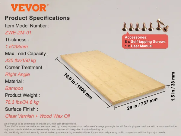 VEVOR bamboo table top with dimensions 70.9"x29"x1.5", natural bamboo color, clear varnish finish.