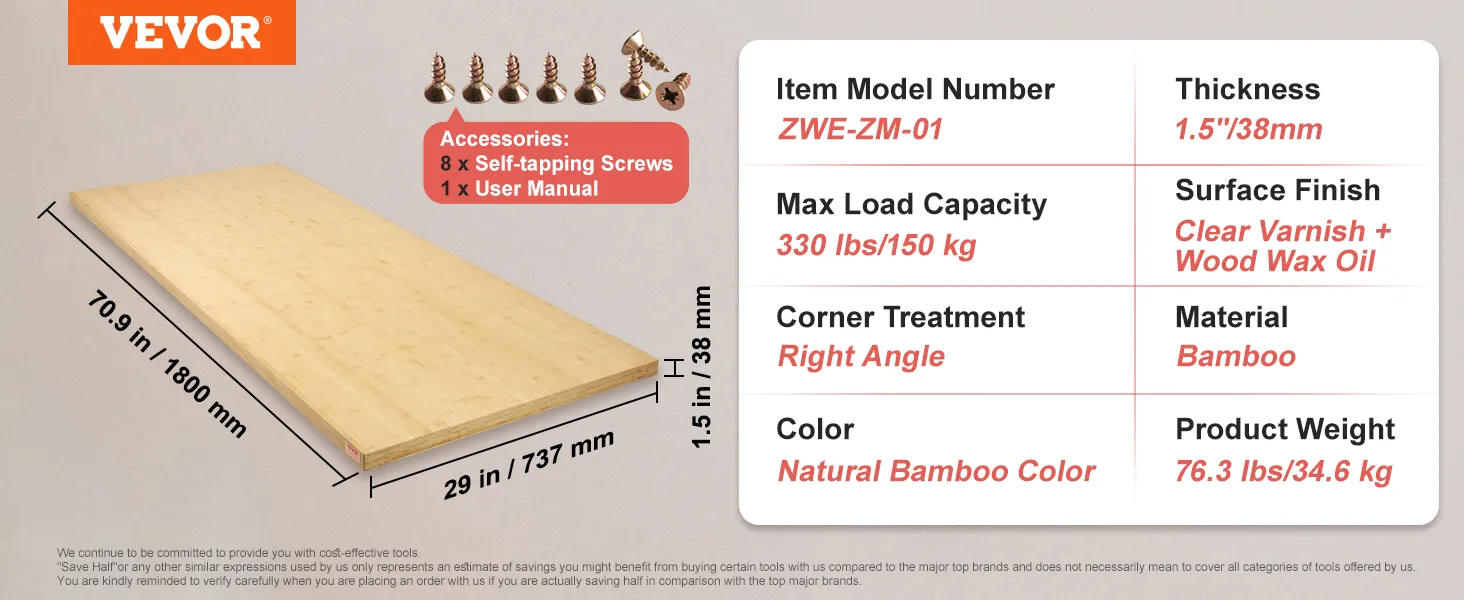 VEVOR bamboo table top with dimensions 70.9"x29"x1.5", natural bamboo color, clear varnish finish.
