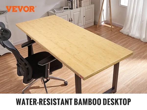 VEVOR bamboo table top in home office setup, highlighting its sturdy, water-resistant, and nondeformable features.