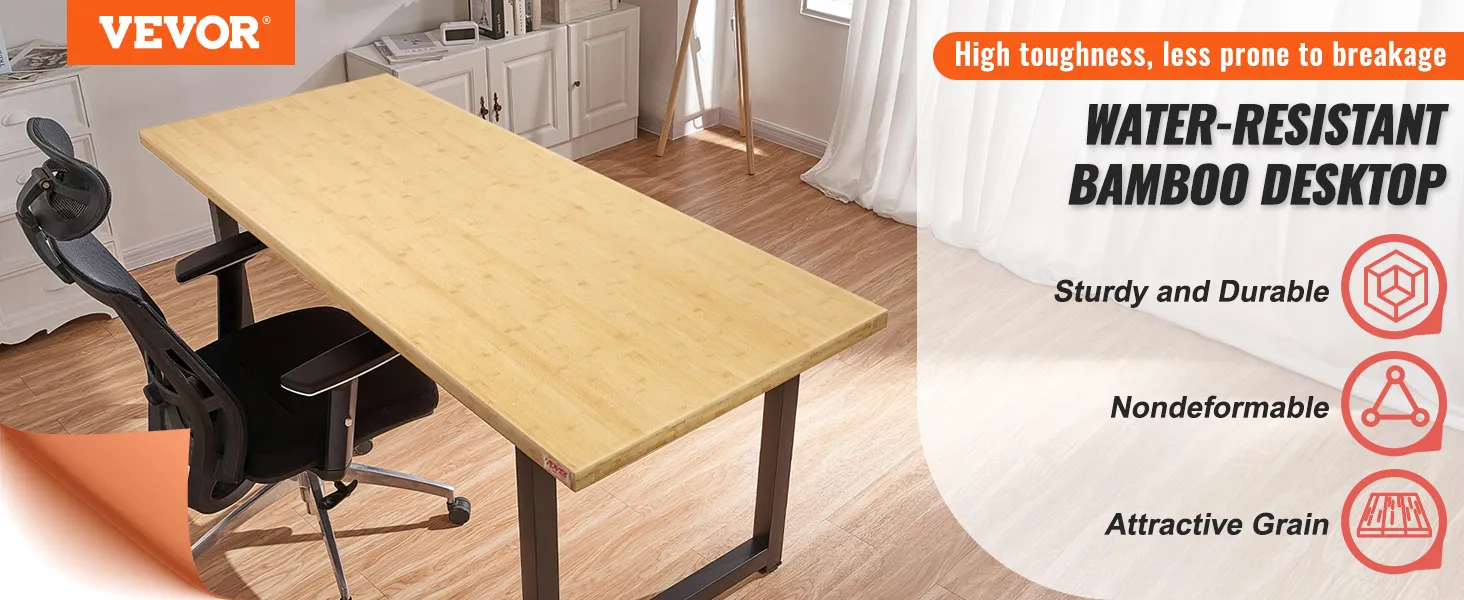 VEVOR bamboo table top in home office setup, highlighting its sturdy, water-resistant, and nondeformable features.