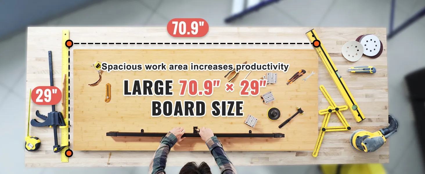 VEVOR bamboo table top with 70.9" x 29" large board, featuring various tools on the workspace.