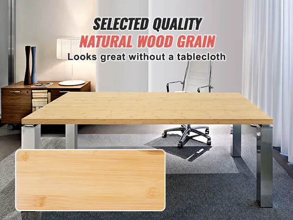 VEVOR bamboo table top with natural wood grain, steel legs, office chair, and a modern lamp.