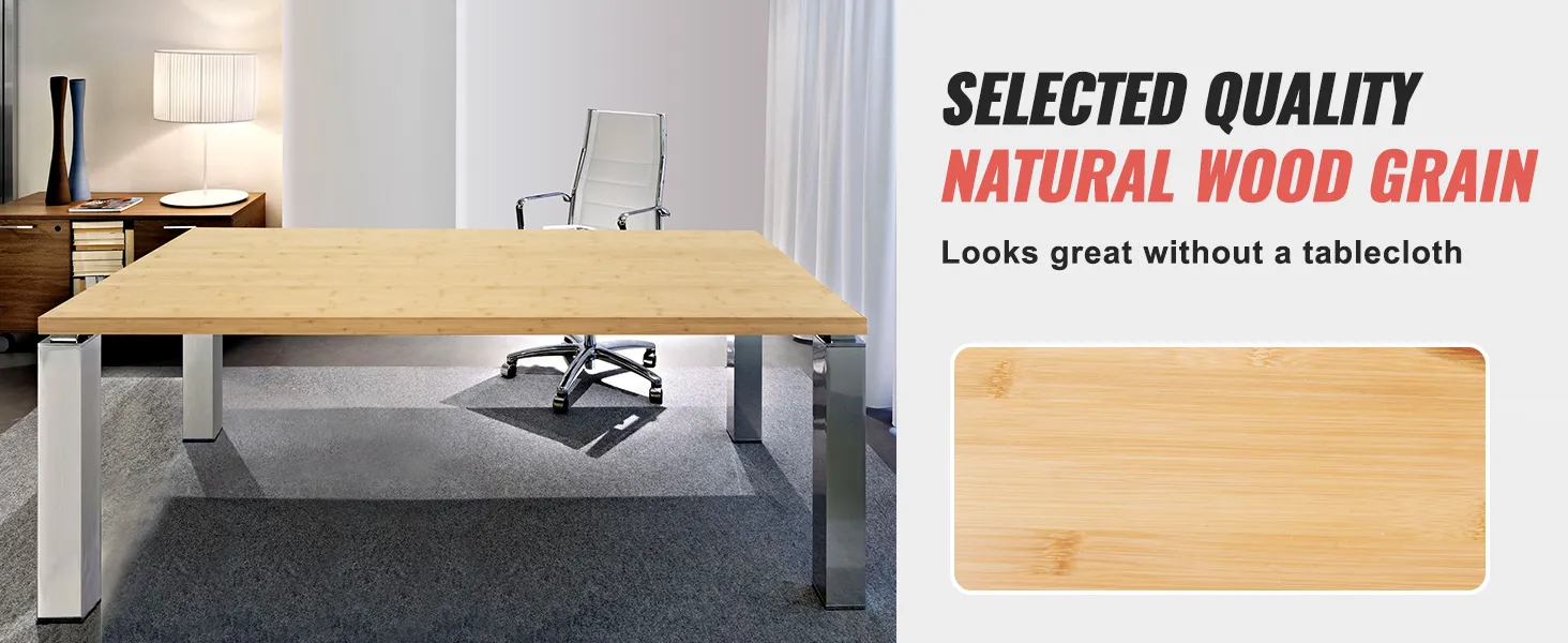 VEVOR bamboo table top with natural wood grain, steel legs, office chair, and a modern lamp.