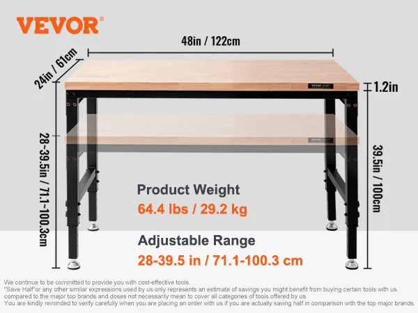 Banco de trabajo ajustable VEVOR con dimensiones, capacidad de peso, accesorios incluidos e información del modelo.