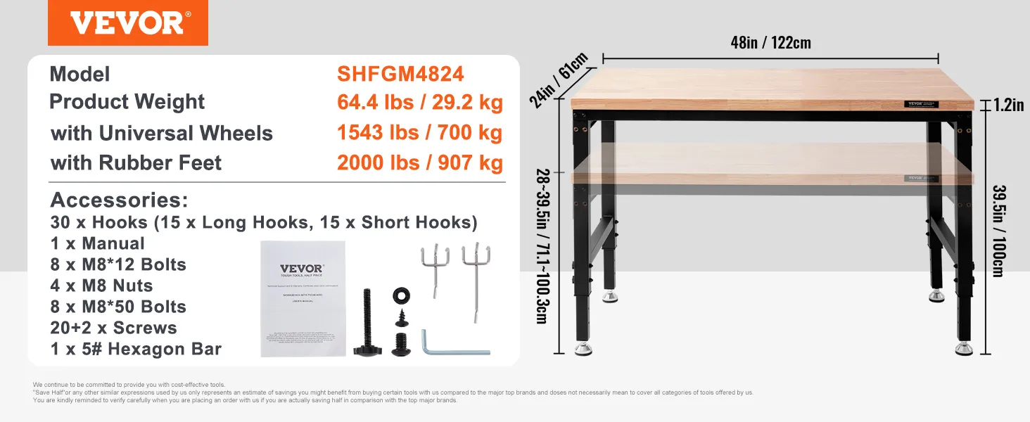 Banco de trabajo ajustable VEVOR con dimensiones, capacidad de peso, accesorios incluidos e información del modelo.