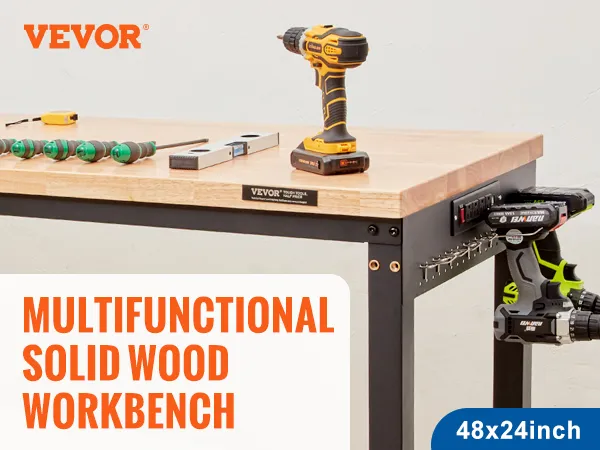 Banco de trabajo ajustable VEVOR con herramientas y taladro sobre superficie de madera maciza, con posibilidad de ajuste de altura.